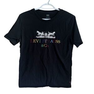 Levi’s Strauss Graphic Tee Small – Black Logo T-Shirt, Rainbow Embroidered Top